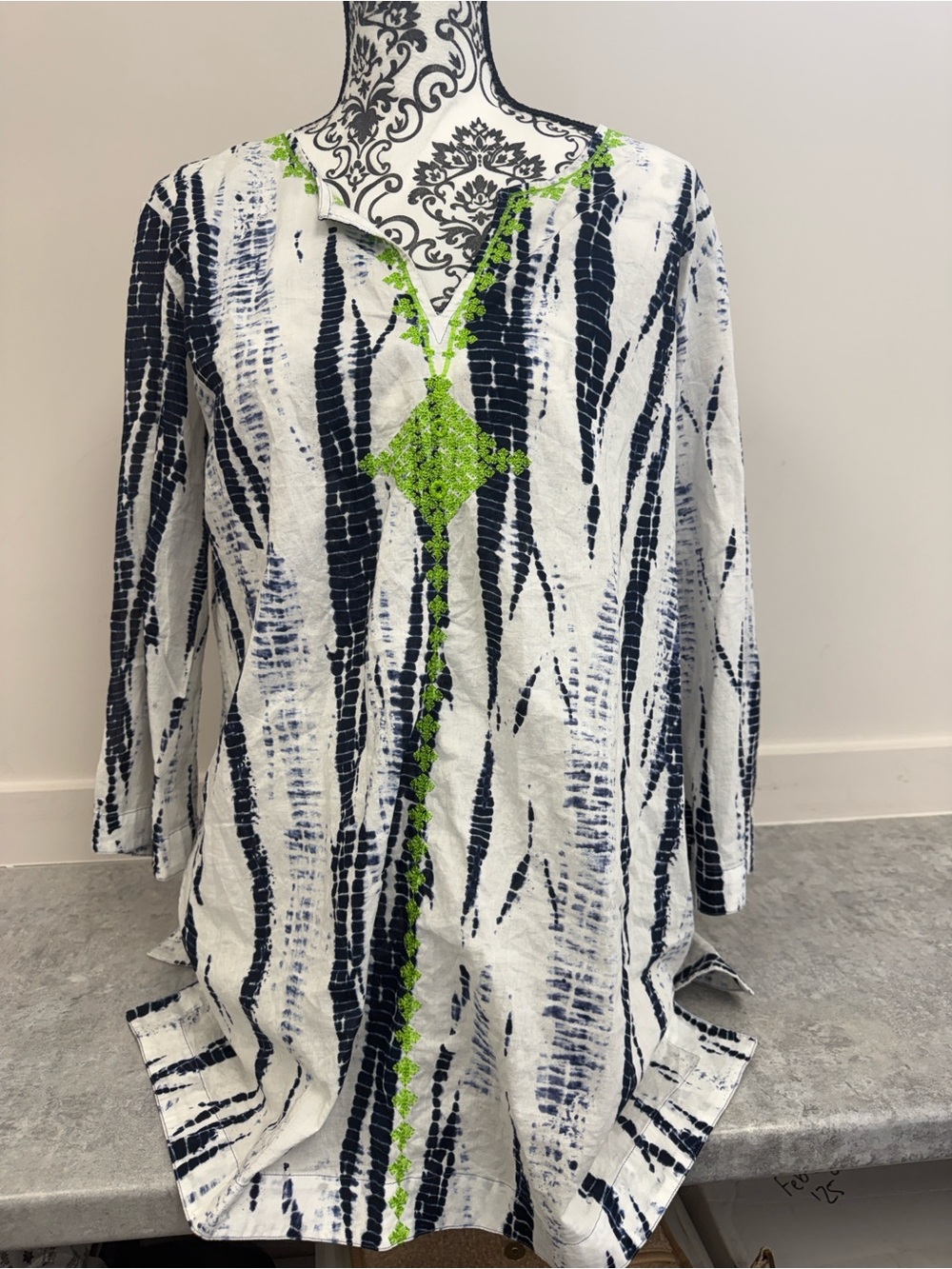 Westbound White Navy Tie-Dye Tunic with Lime Green Embroidery